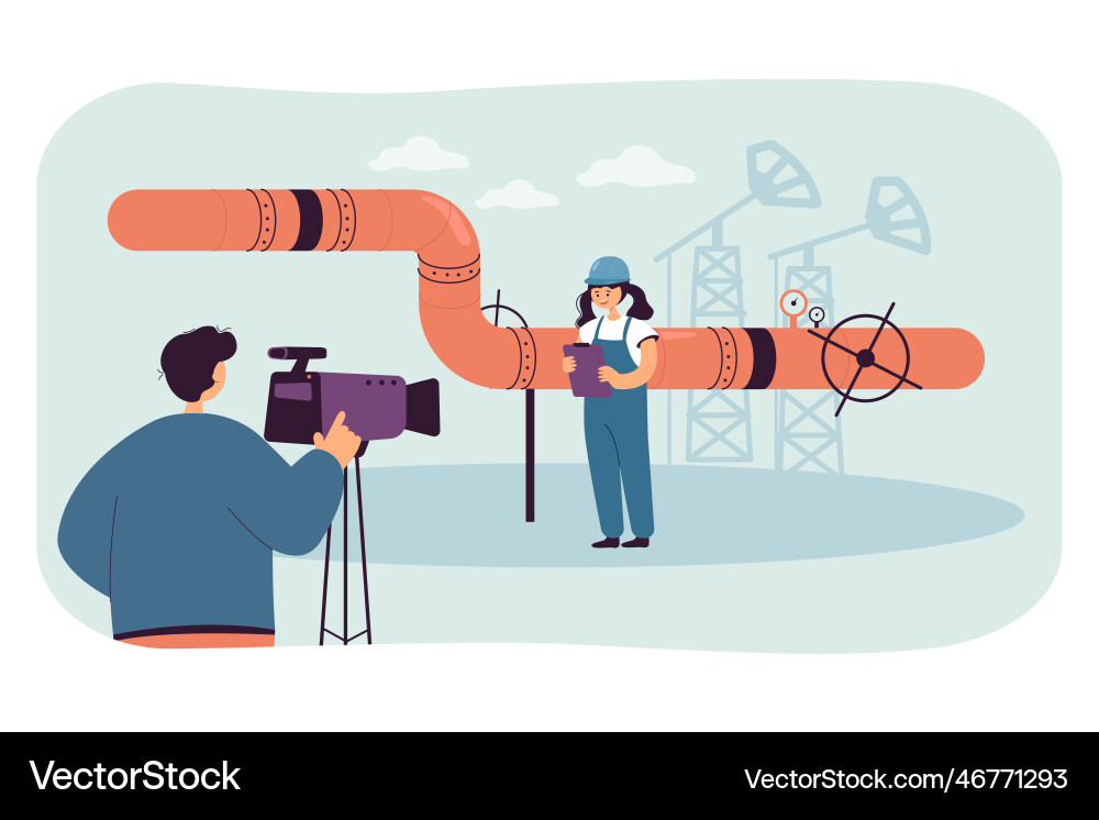 Man with camera recording pipeline inspection Man with camera recording pipeline inspection Vector Image