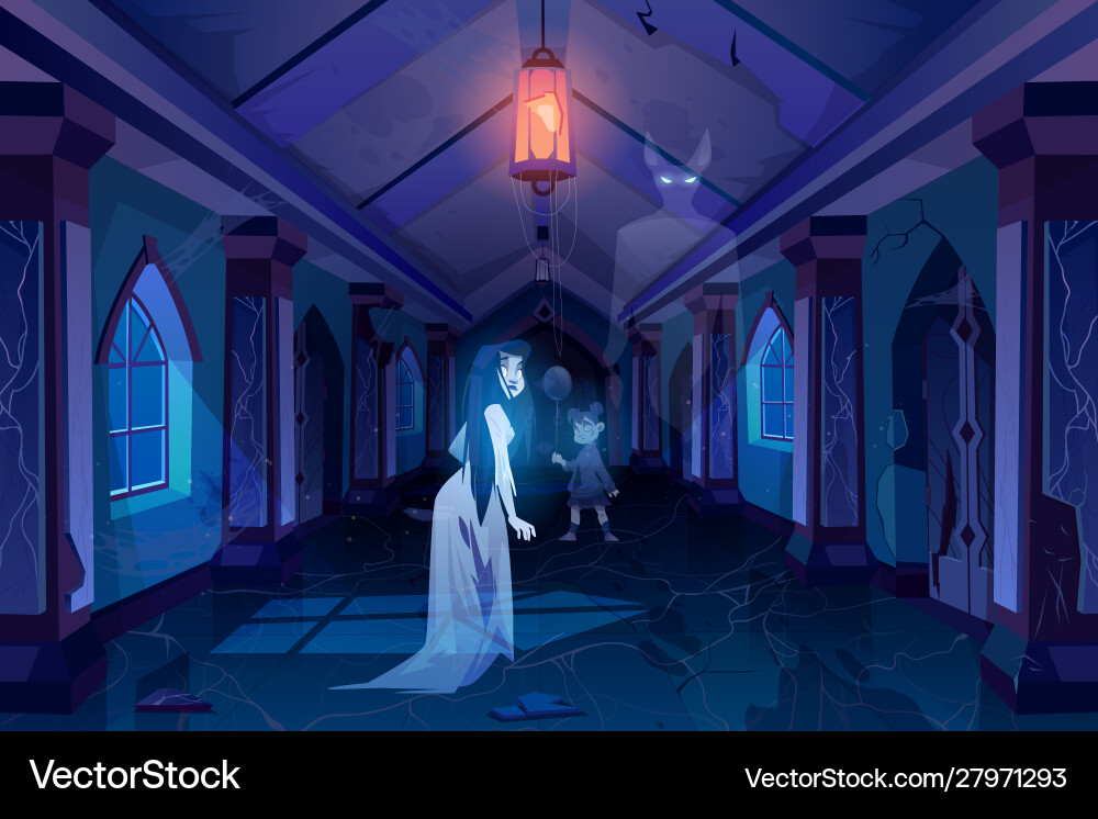 Old castle hall with ghosts dark scary palace room vector image