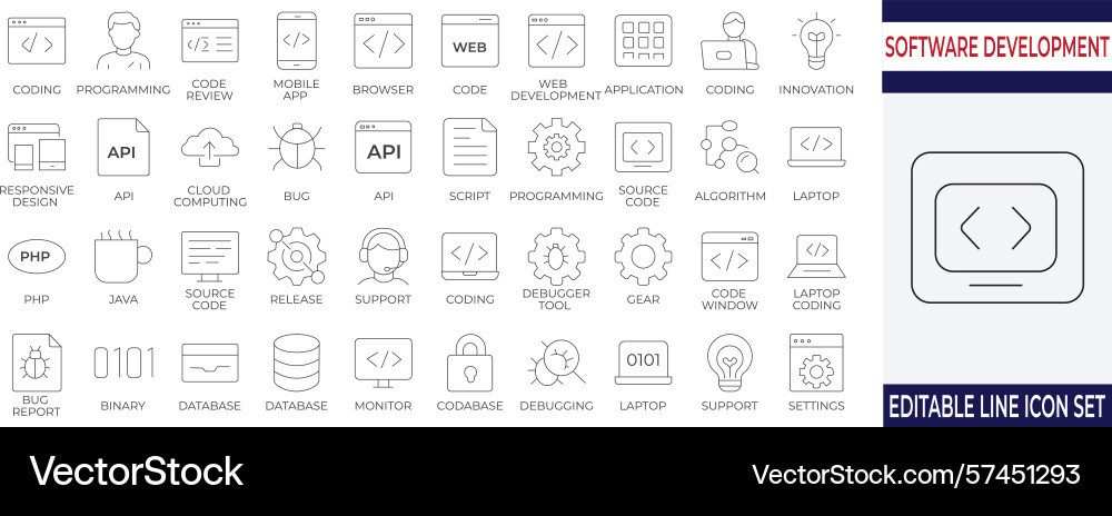 Software development and coding line icons Software development and coding line icons vector image