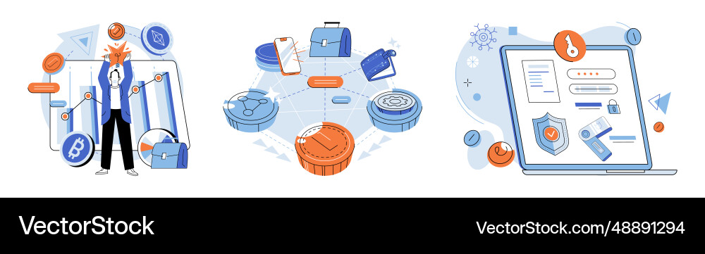 Crypto trading and security concepts set Crypto trading and security concepts set Vector Image