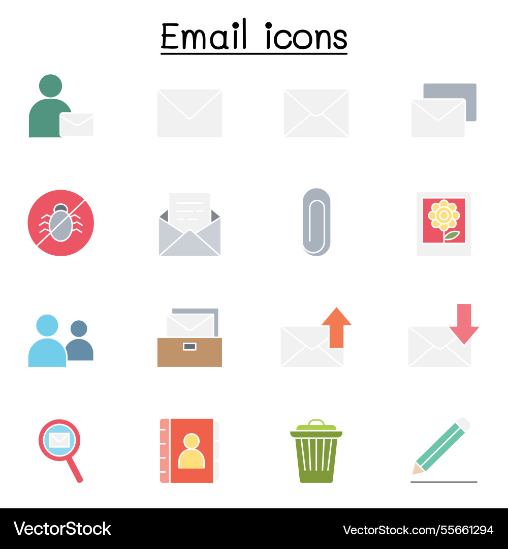 Email icon set in flat color style Email icon set in flat color style vector image