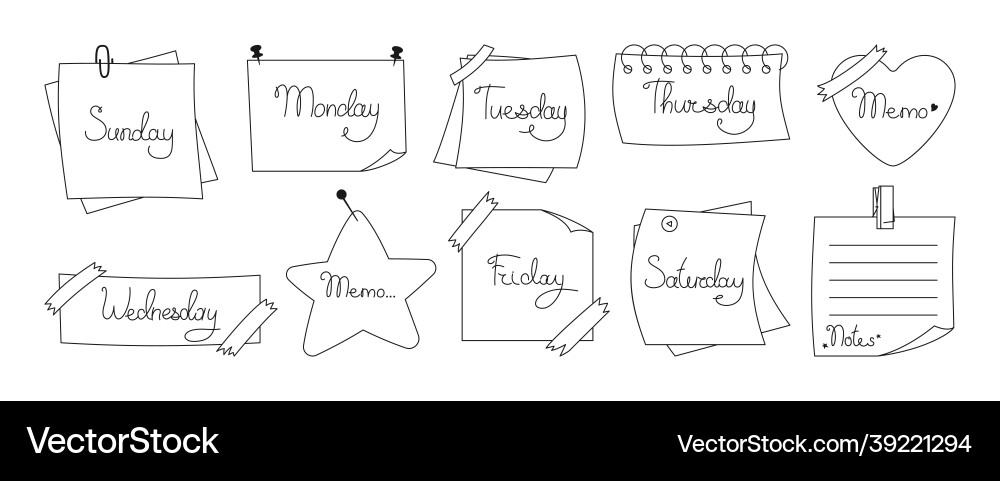 Notebook pages days week sticky set notepad memo Notebook pages days week sticky set notepad memo vector image