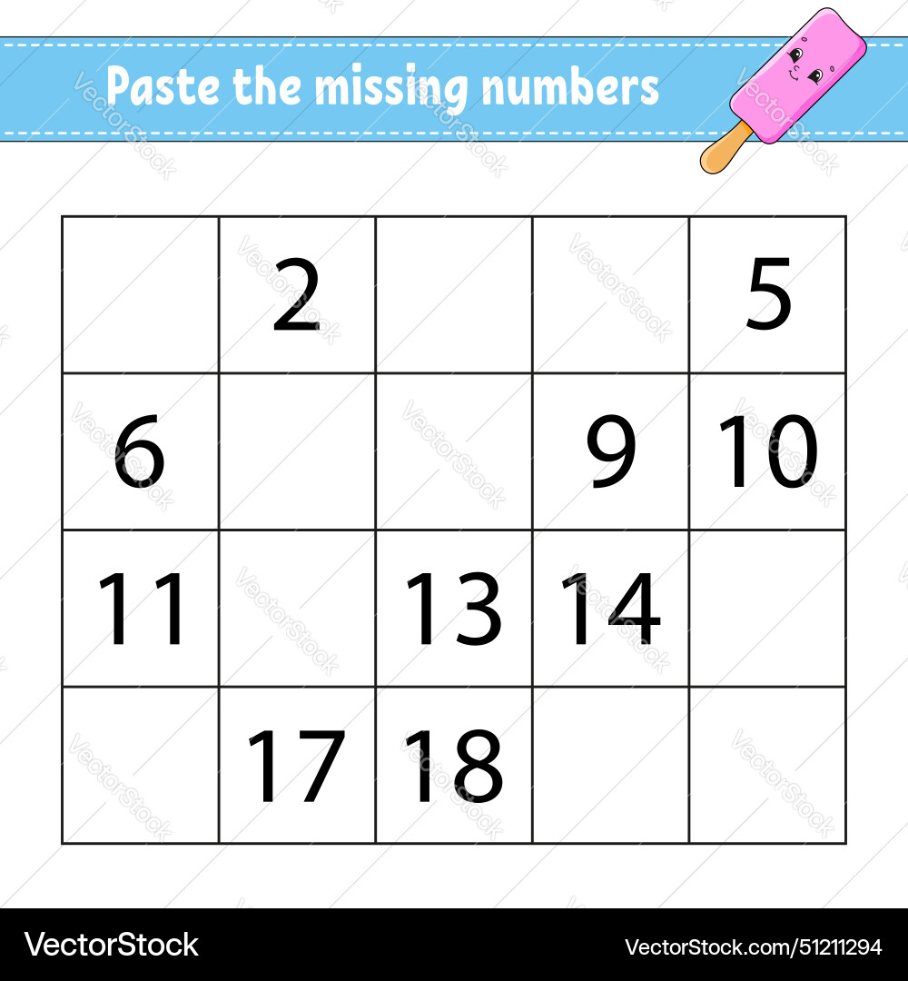 Paste the missing numbers 1-20 game for children vector image