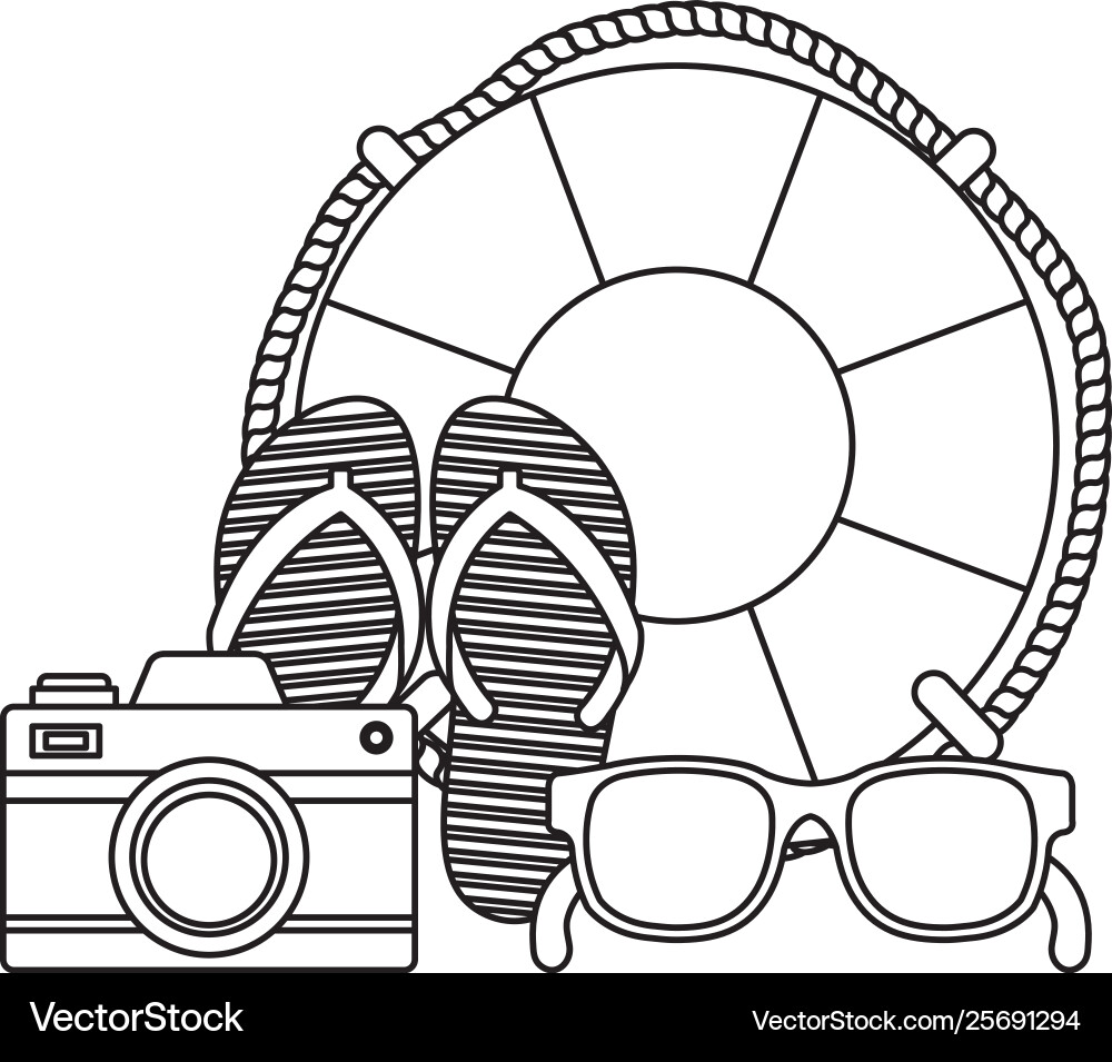 Summer flip flops with camera and float Summer flip flops with camera and float Vector Image