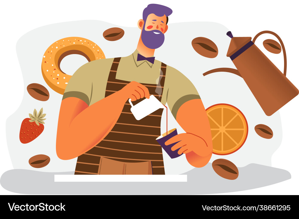 Barista making coffee man with cup and oranges Barista making coffee man with cup and oranges vector image