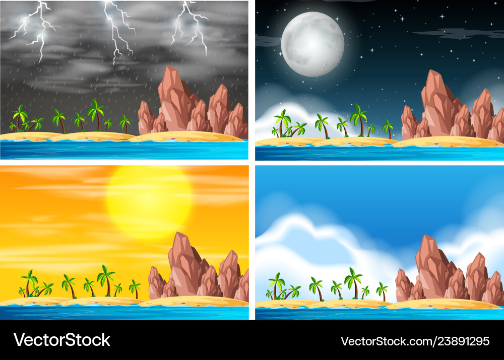 Set of island scene in different weather Set of island scene in different weather vector image