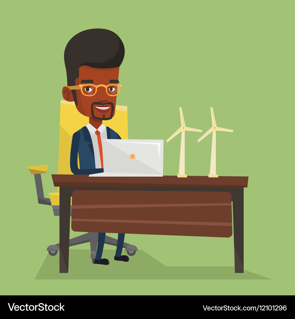 Man working with model wind turbines on the table vector image