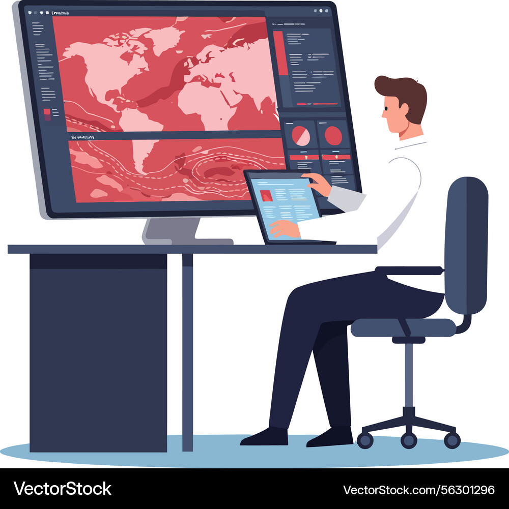 Mann analysiert Weltkarte und Daten auf dem Computer Vektorbild