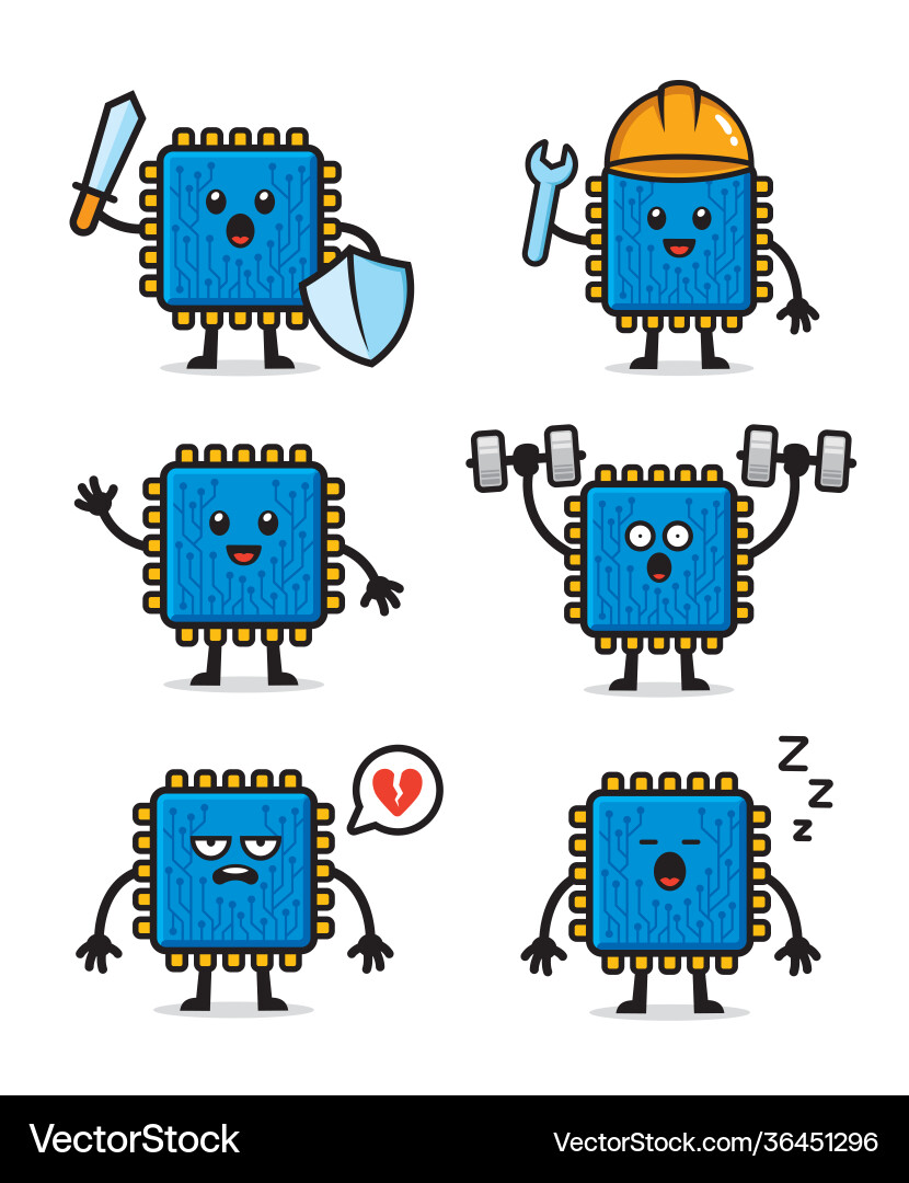 Set processor chipset character design vector image