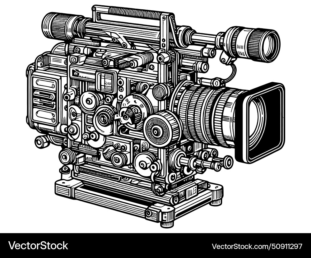 Old video camera with a complex mechanism sketch Vector Image