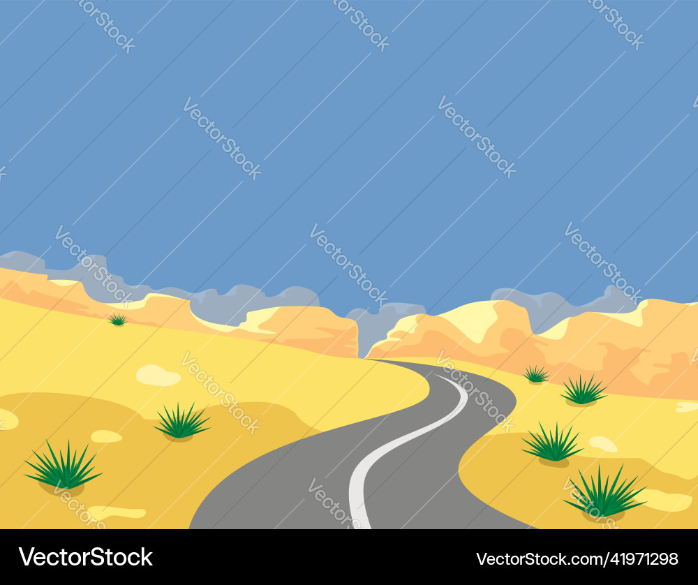 Desert landscape with cactuses road and mountains Desert landscape with cactuses road and mountains vector image