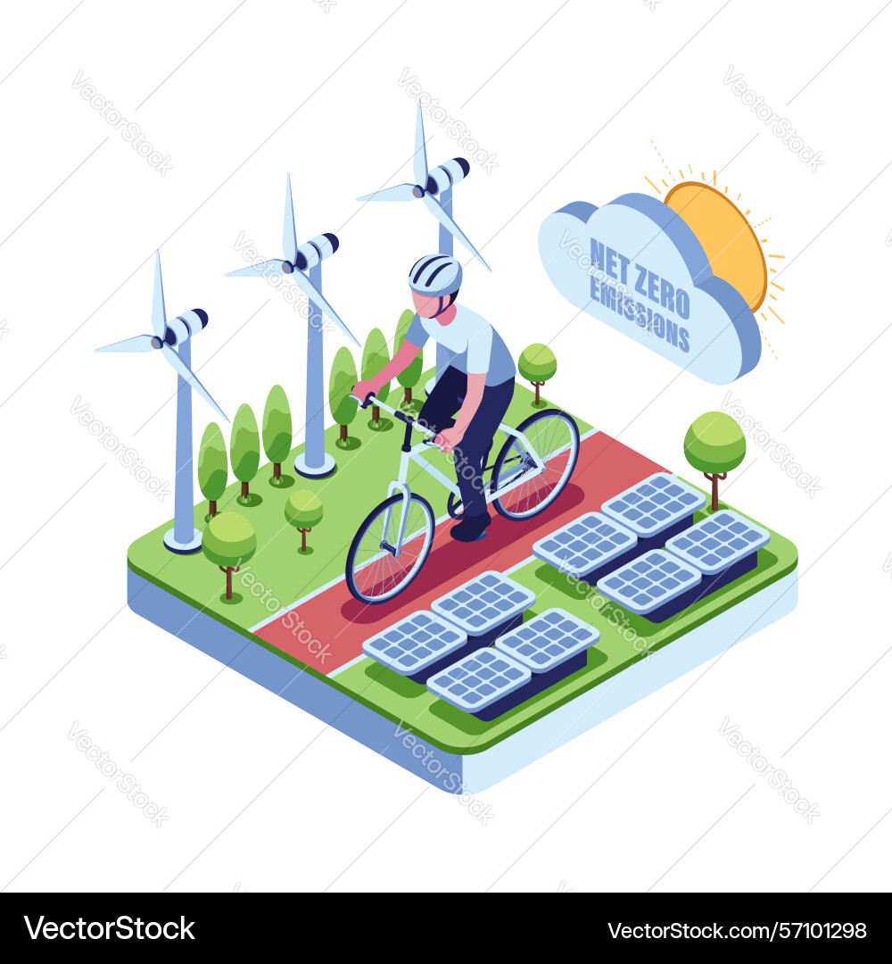 Isometric cyclist riding through a net zero Isometric cyclist riding through a net zero vector image