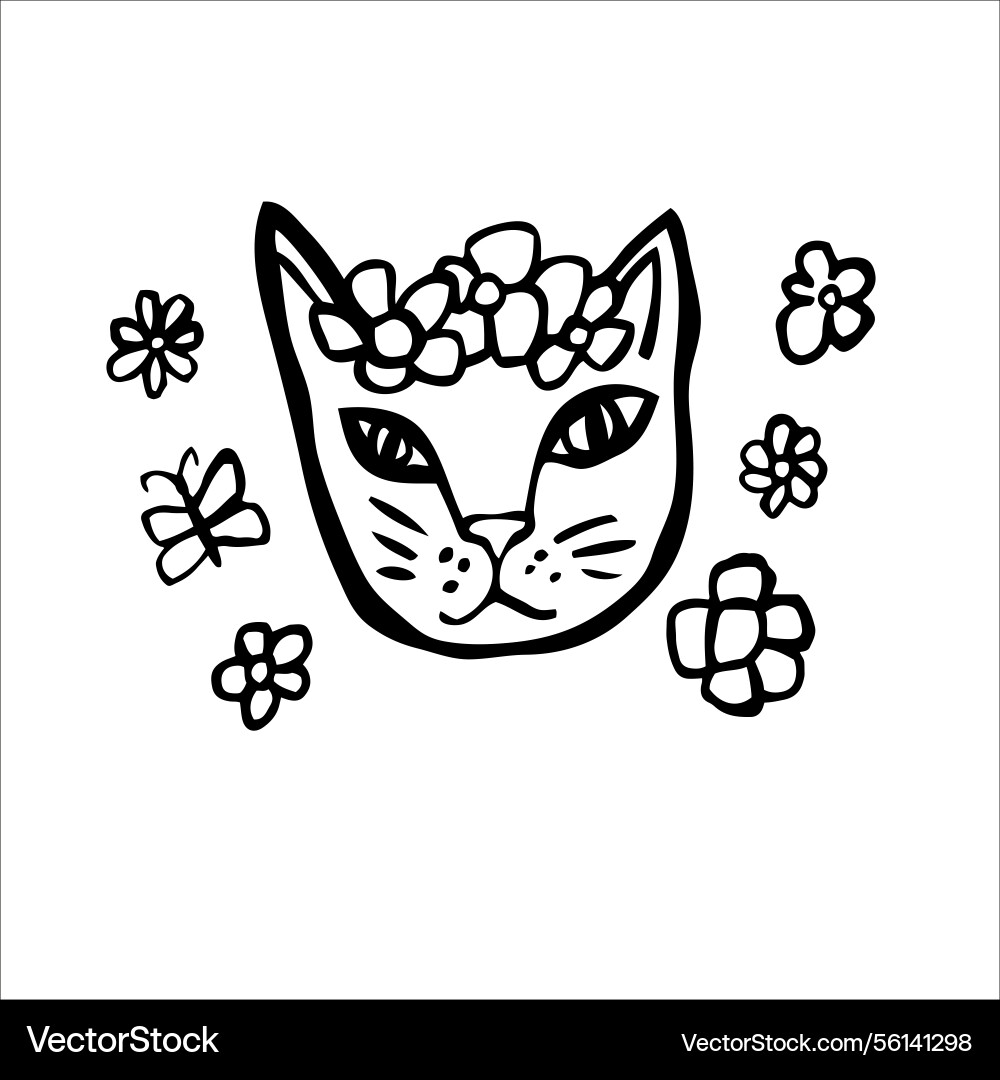 Outline Katzenkopf mit Blumen Outline Katzenkopf mit Blumen vektorbild