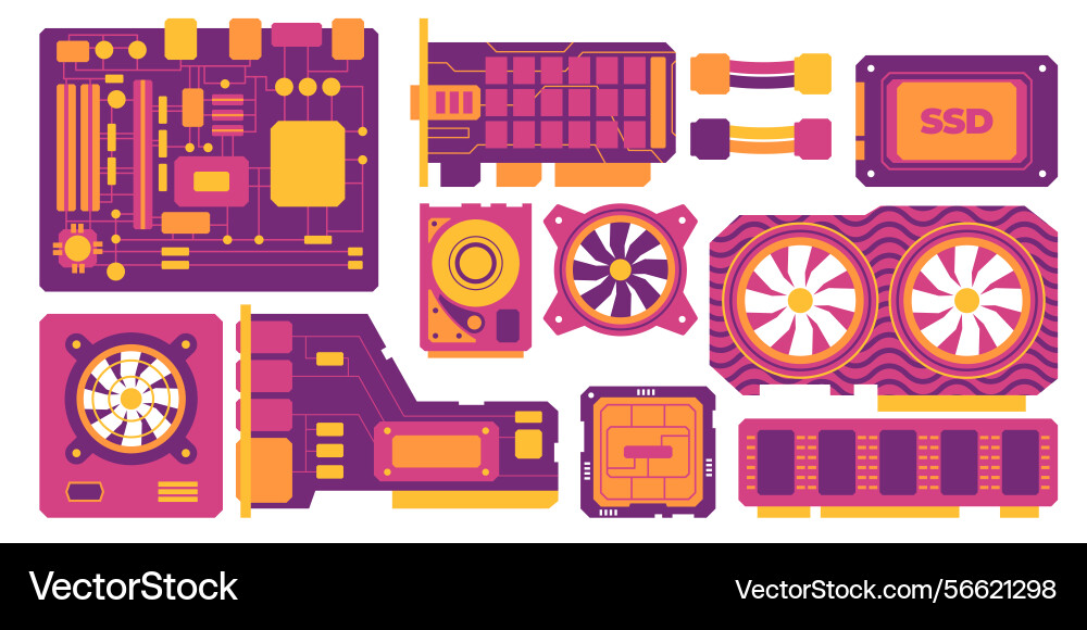 Pc component parts computer elements icon set Pc component parts computer elements icon set Vector Image