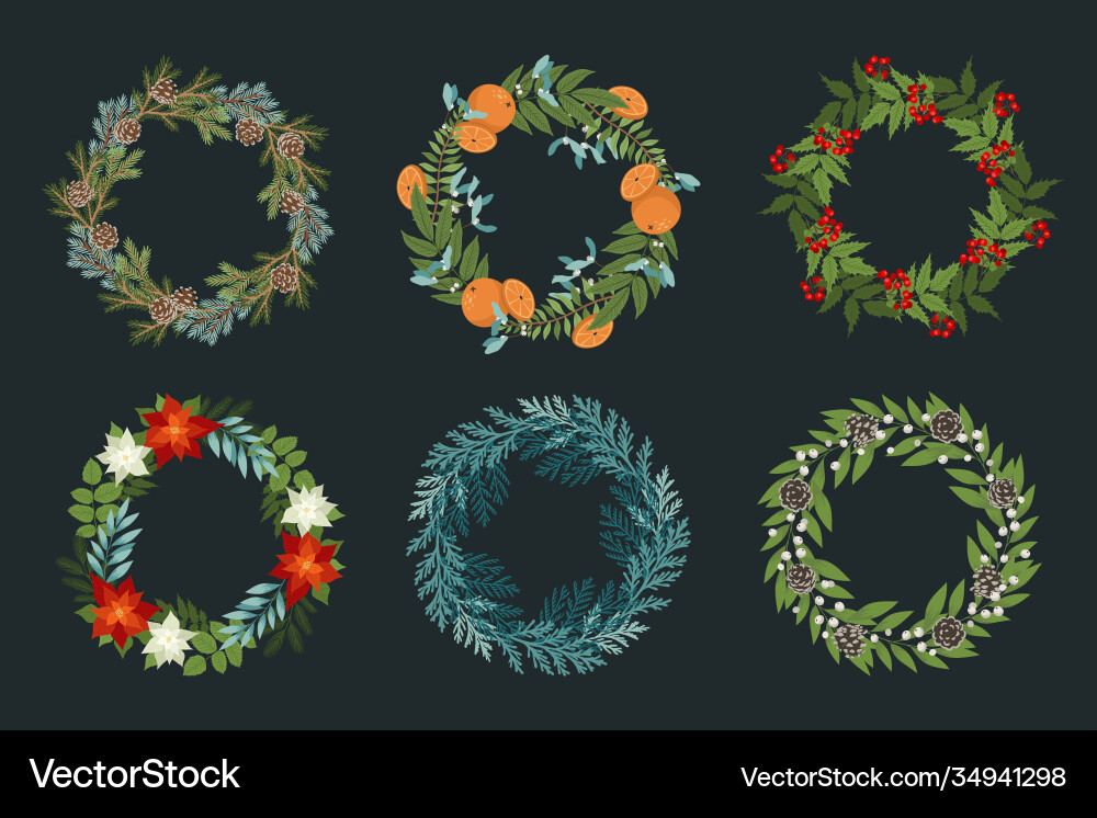 Set christmas wreaths with oranges holly Set christmas wreaths with oranges holly vector image