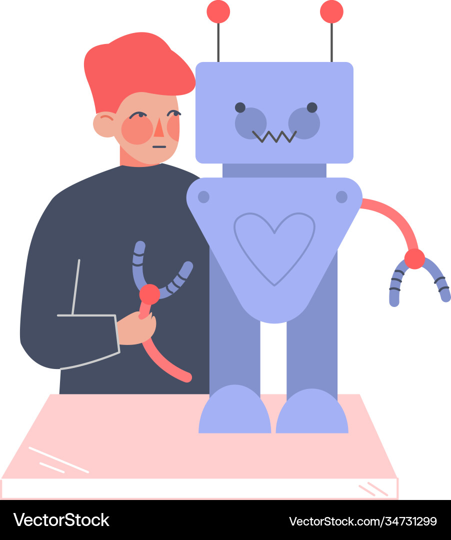 Boy assembling and programming robot schoolboy Boy assembling and programming robot schoolboy vector image