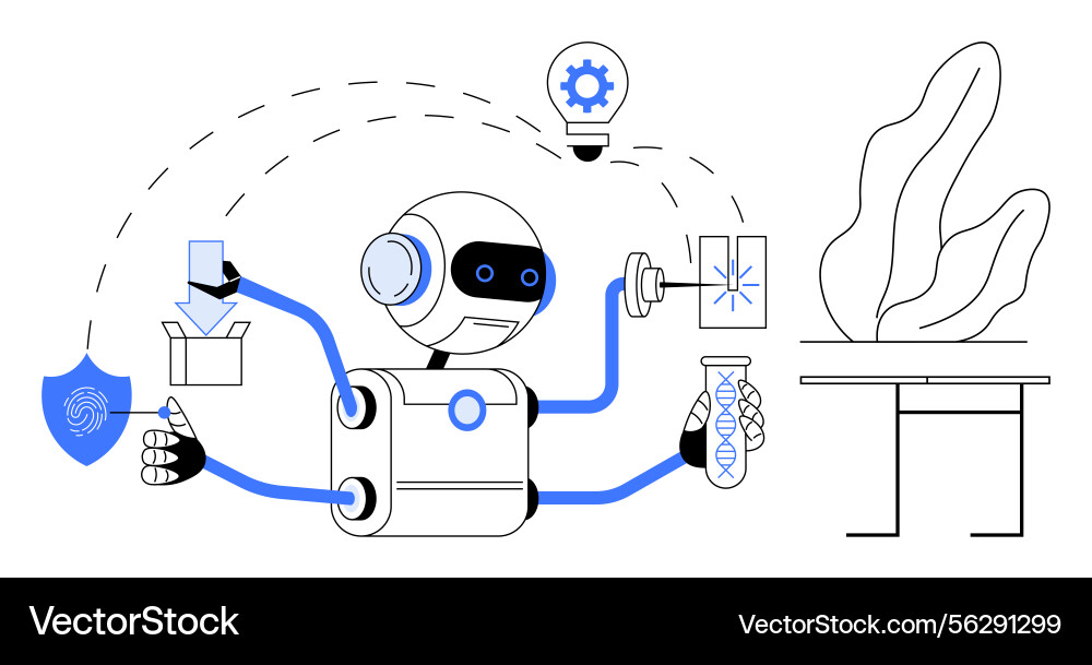 Robot performing multifunctional tasks depicting vector image