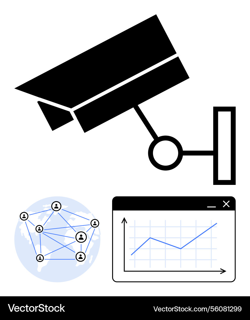 Surveillance camera network map and graph Surveillance camera network map and graph vector image
