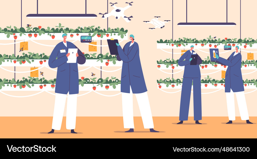 Worker characters use automation technology vector image