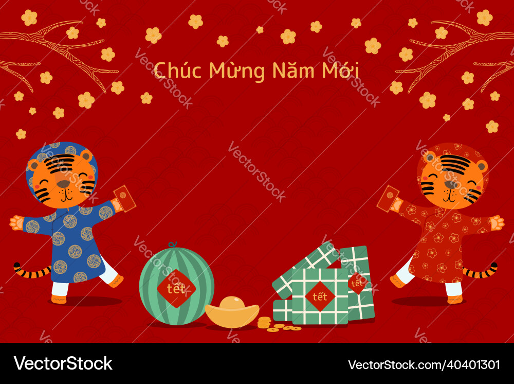 2022 vietnamese new year tet cute tigers in ao dai 2022 vietnamese new year tet cute tigers in ao dai vector image