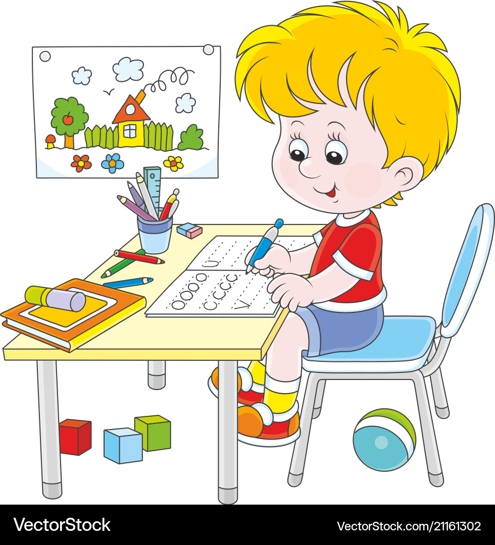 Boy doing homework after his game with toys Boy doing homework after his game with toys vector image