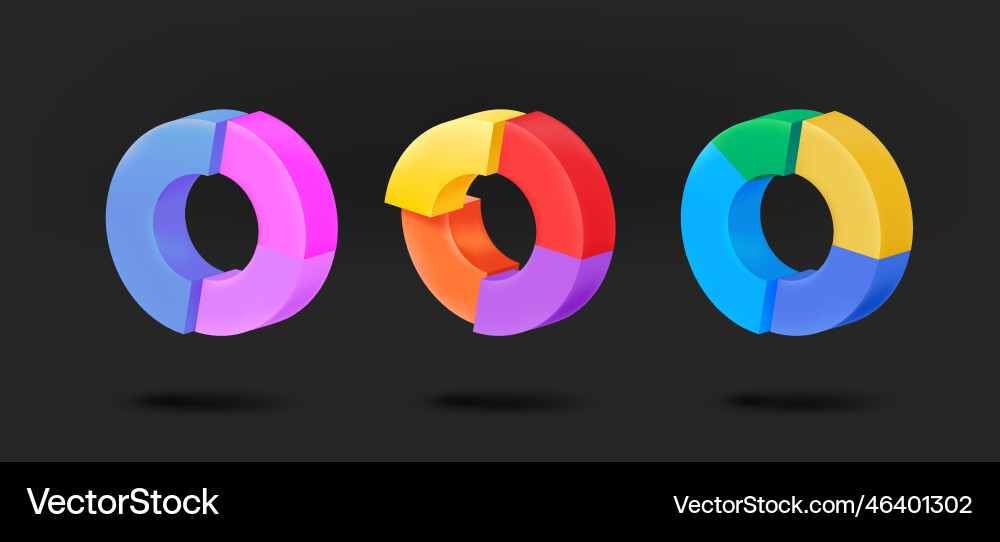 Different color pie charts collection 3d isolated vector image