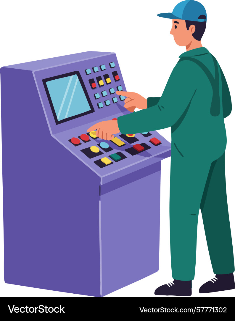 Factory worker operating control panel machinery Factory worker operating control panel machinery vector image