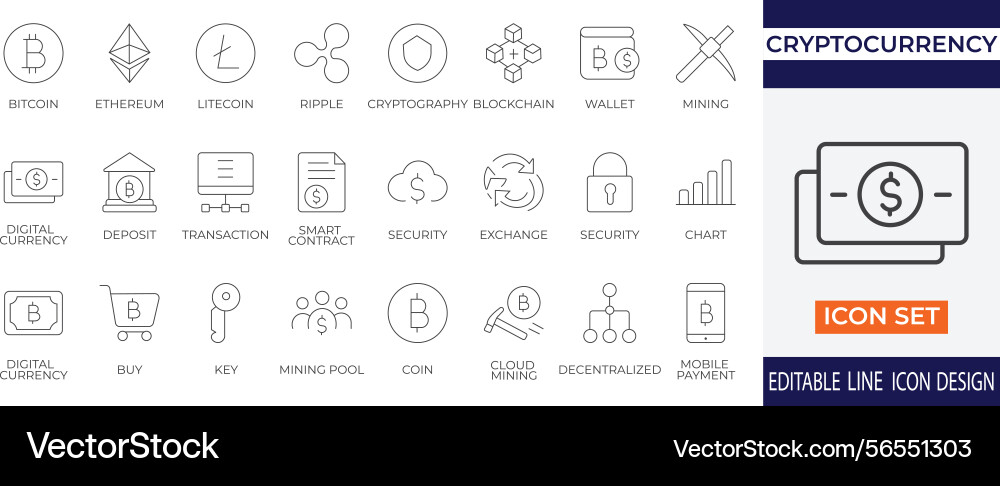 Cryptocurrency and blockchain icon set Cryptocurrency and blockchain icon set vector image