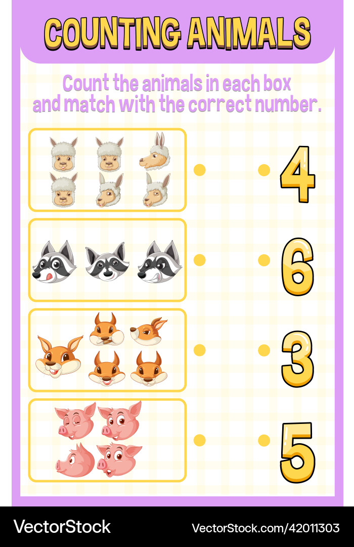 Match by count with different types of animals Match by count with different types of animals vector image
