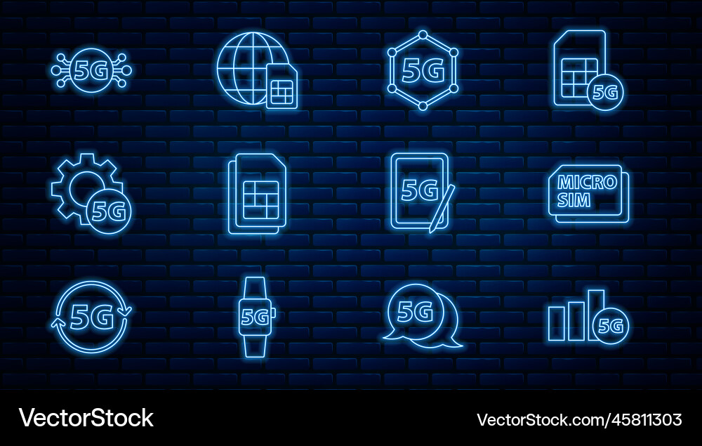 Set line 5g network micro sim card setting Vector Image