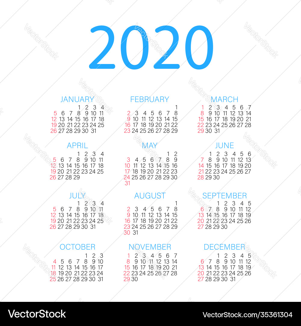 Kalender 2020 Woche beginnt von Sonntagsgeschäft Kalender 2020 Woche beginnt von Sonntagsgeschäft vektorbild