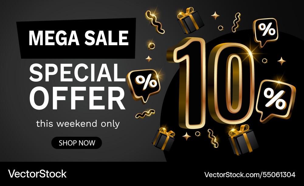 Mega sale 10 special offer banner golden sign Mega sale 10 special offer banner golden sign vector image