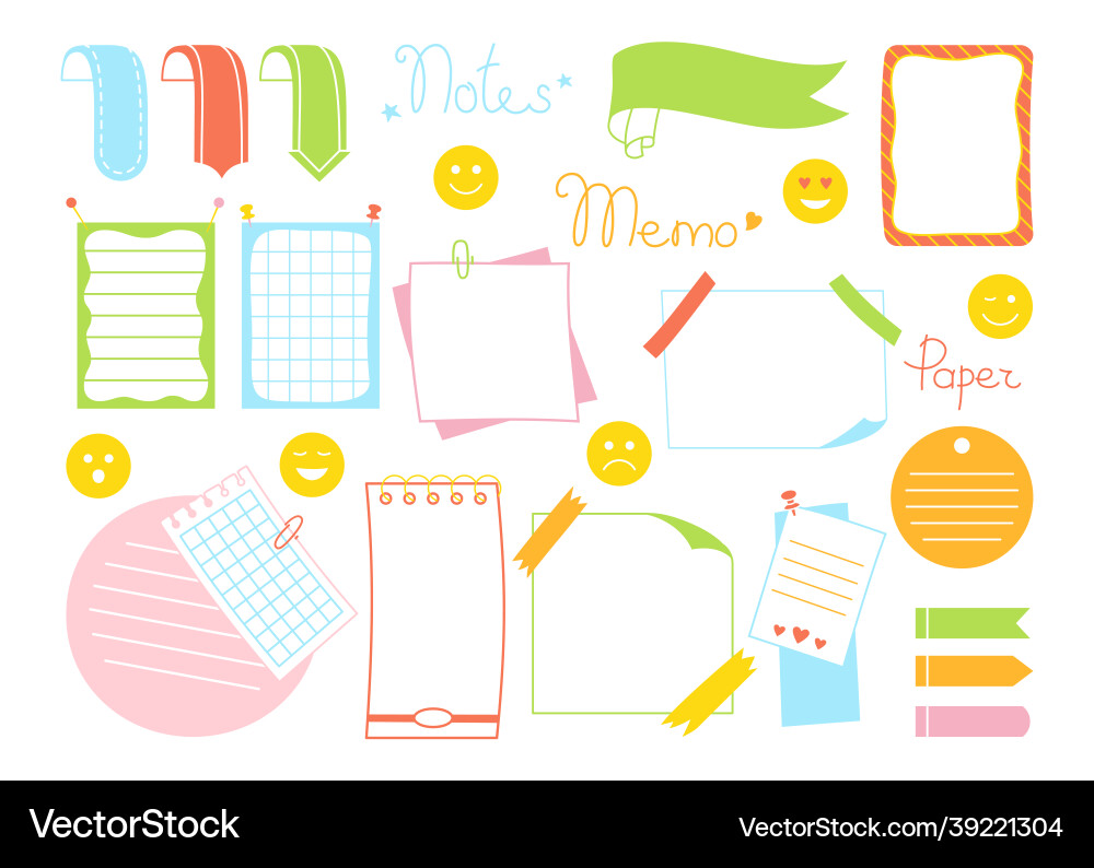 Notebook paper sticky note set sticker notepad pin Notebook paper sticky note set sticker notepad pin vector image