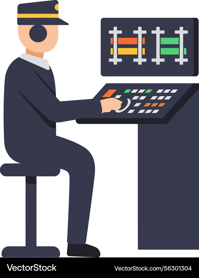 Train conductor in uniform operating control Vector Image