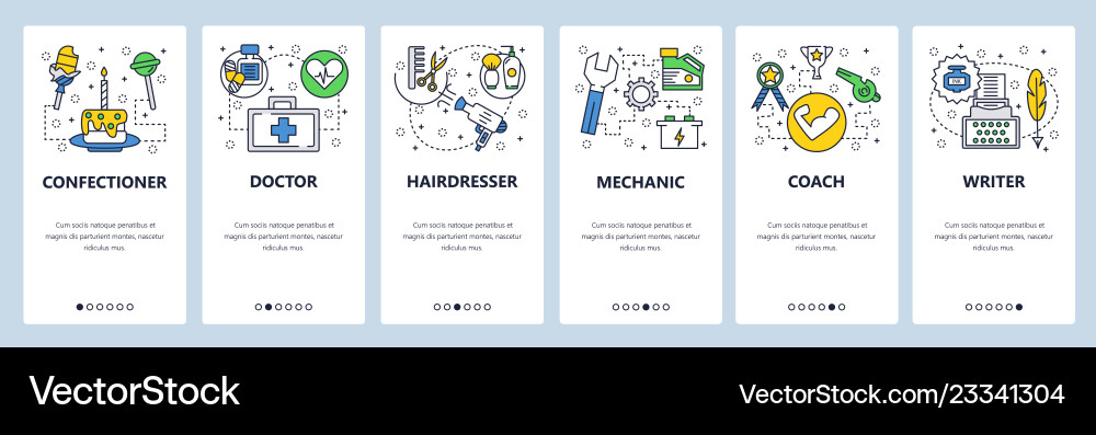 Web site onboarding screens different professions Web site onboarding screens different professions vector image