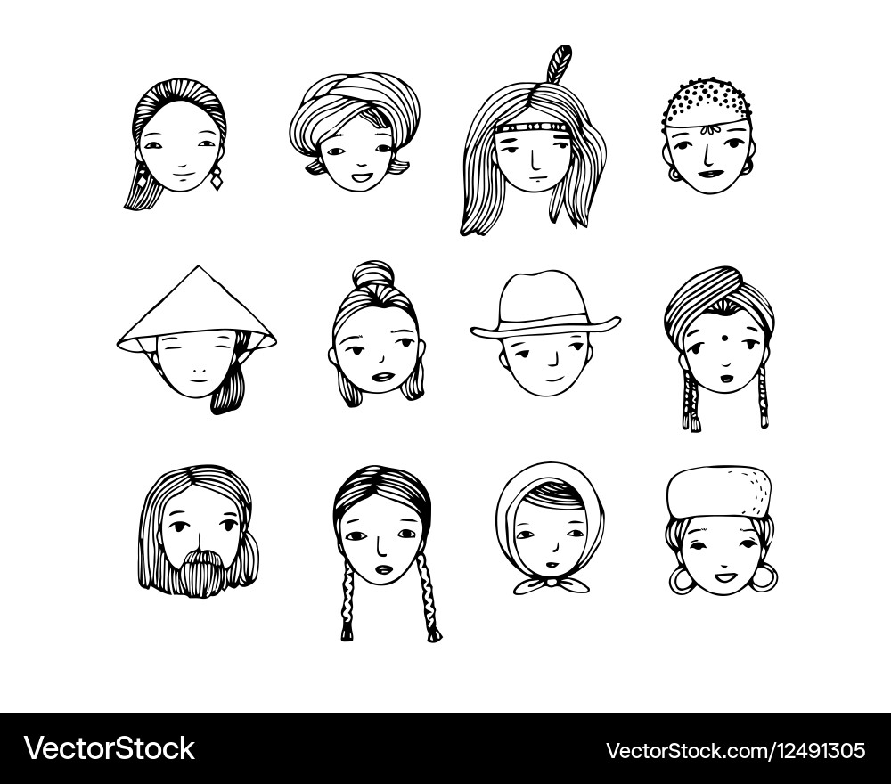 Different faces hand drawing isolated objects vector image