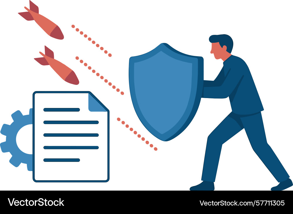 Man shields document with shield from attacking Man shields document with shield from attacking vector image