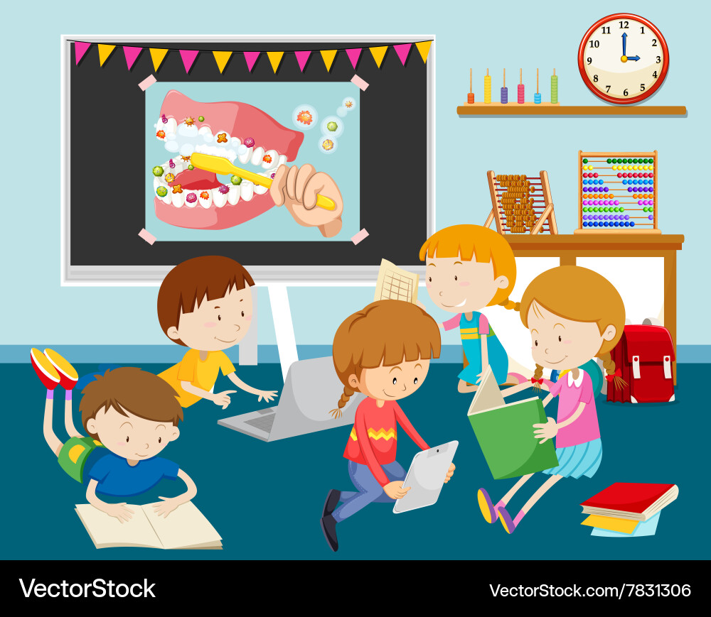 Children working on computer in classroom vector image
