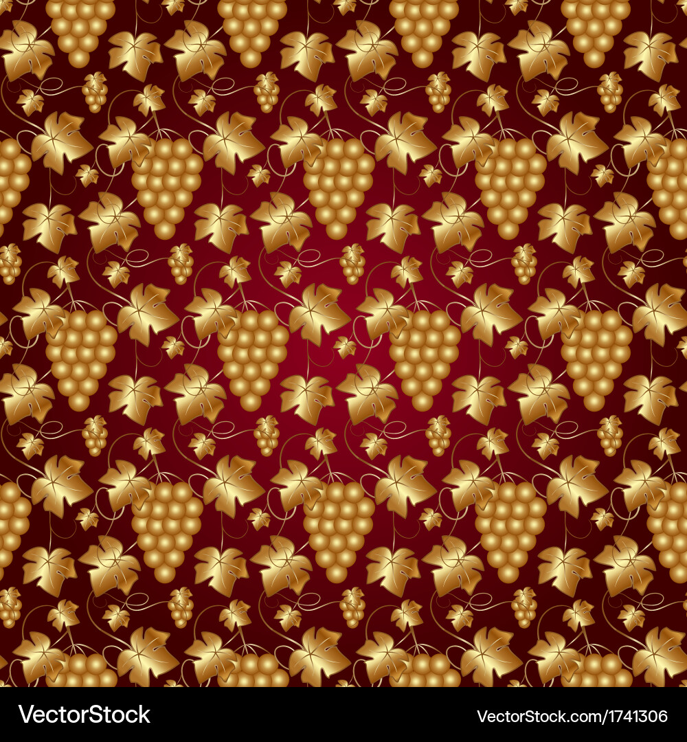 Golden seamless pattern on red with grapes vector image