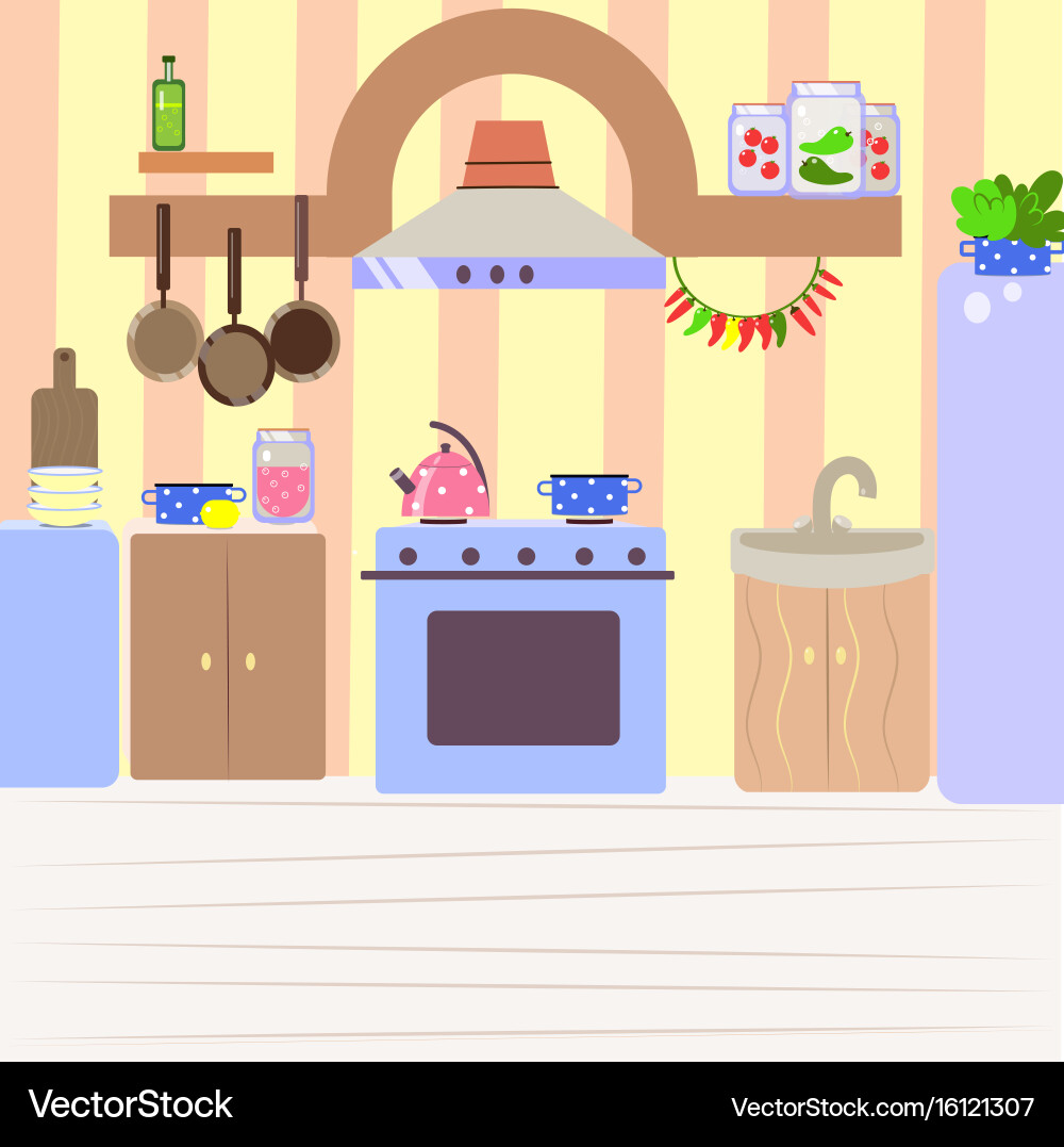 Cute cozy kitchen flat cartoon interior – Royalty-Free Vector | VectorStock, image size:1000x1077