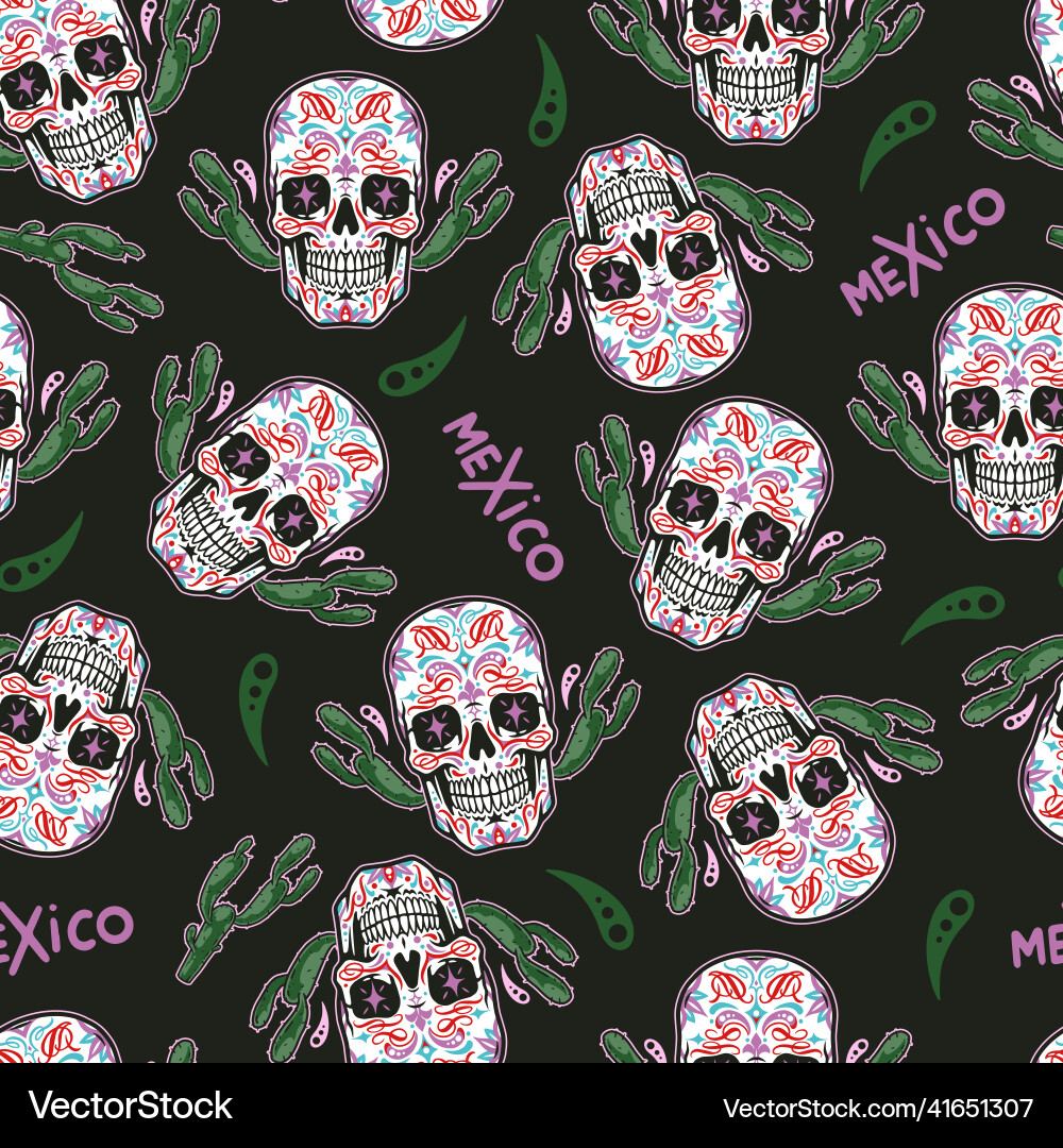 Skull with cactuses seamless pattern Vector Image