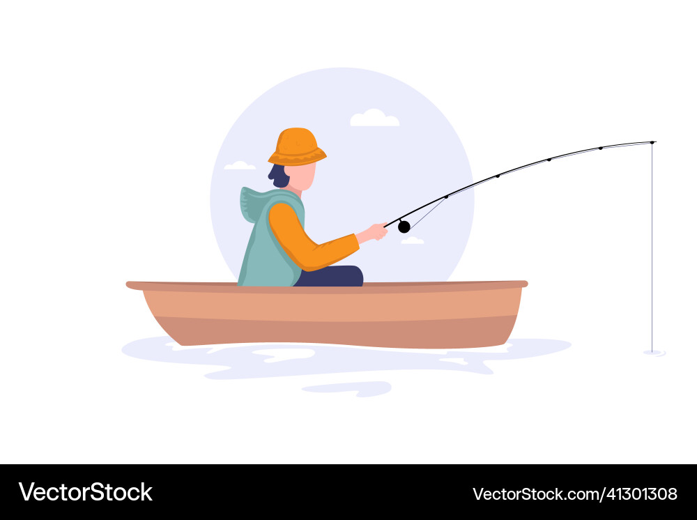 Fisherman sitzt auf Boot mit Angelstange Fisherman sitzt auf Boot mit Angelstange vektorbild