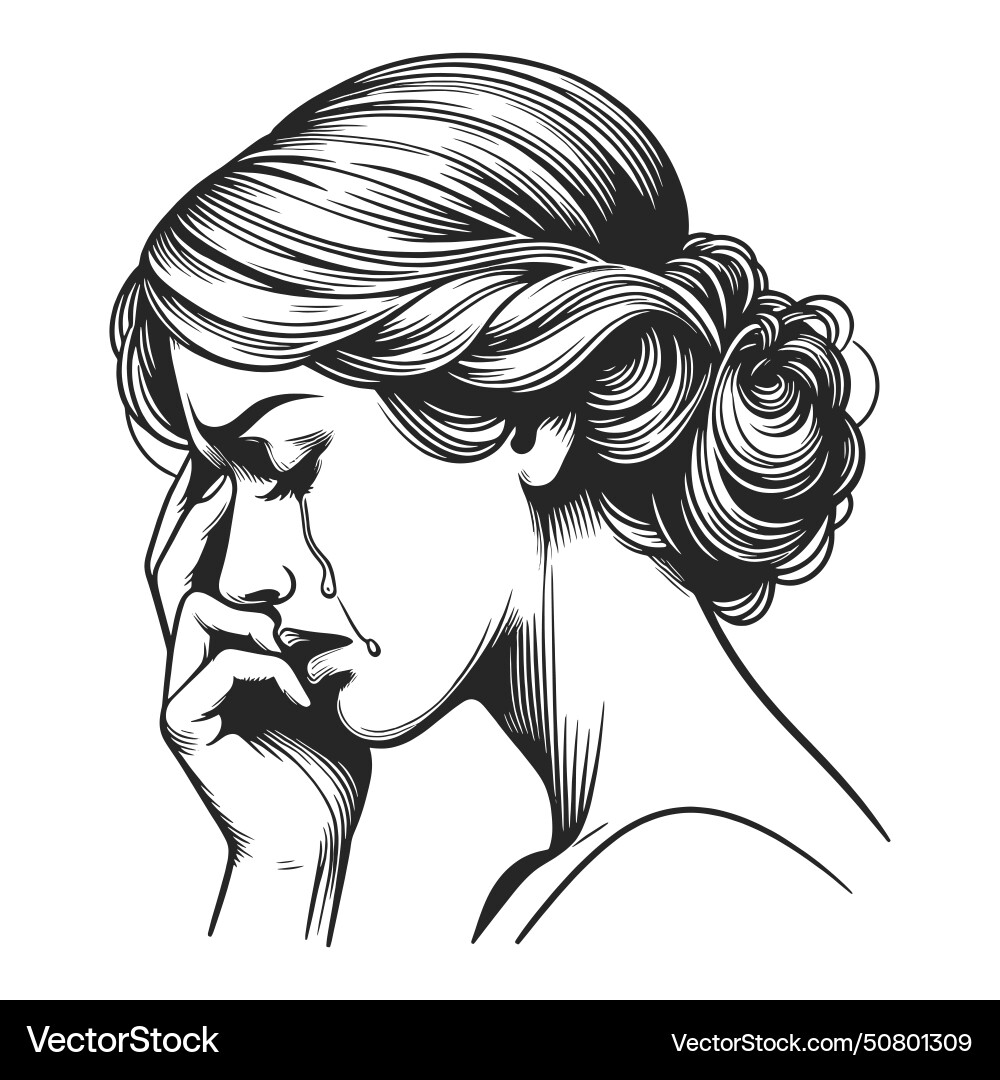 Crying woman in sorrow engraving sketch vector image