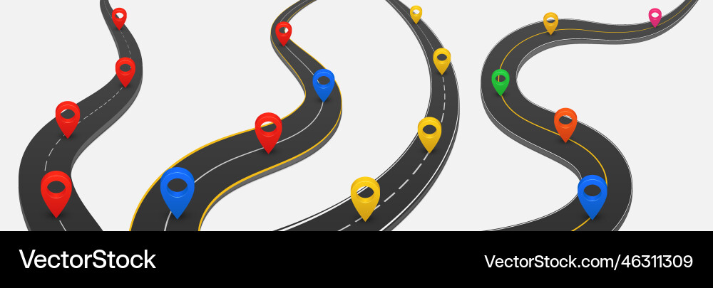 Road with gps map pin pointer set realistic Road with gps map pin pointer set realistic vector image