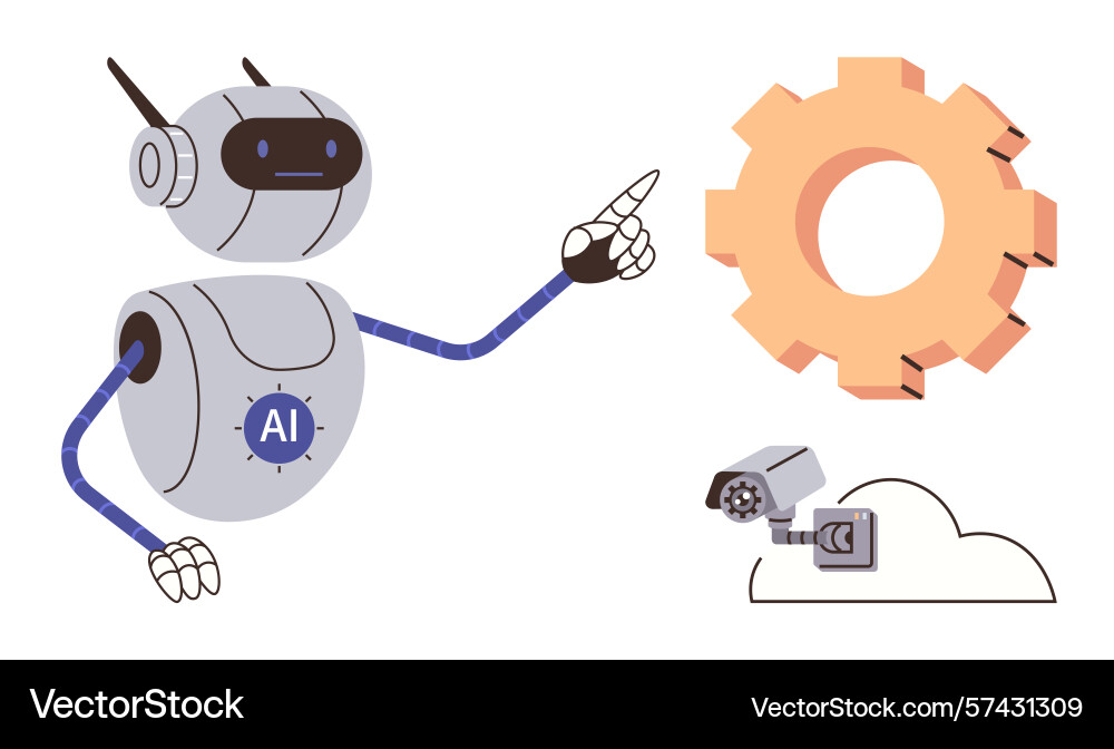 Robot with ai label pointing at gear representing Robot with ai label pointing at gear representing vector image