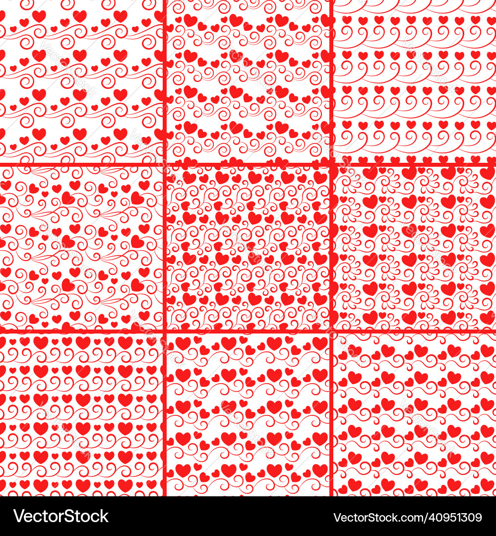 Seamless backgrounds with red hearts and curls Seamless backgrounds with red hearts and curls vector image