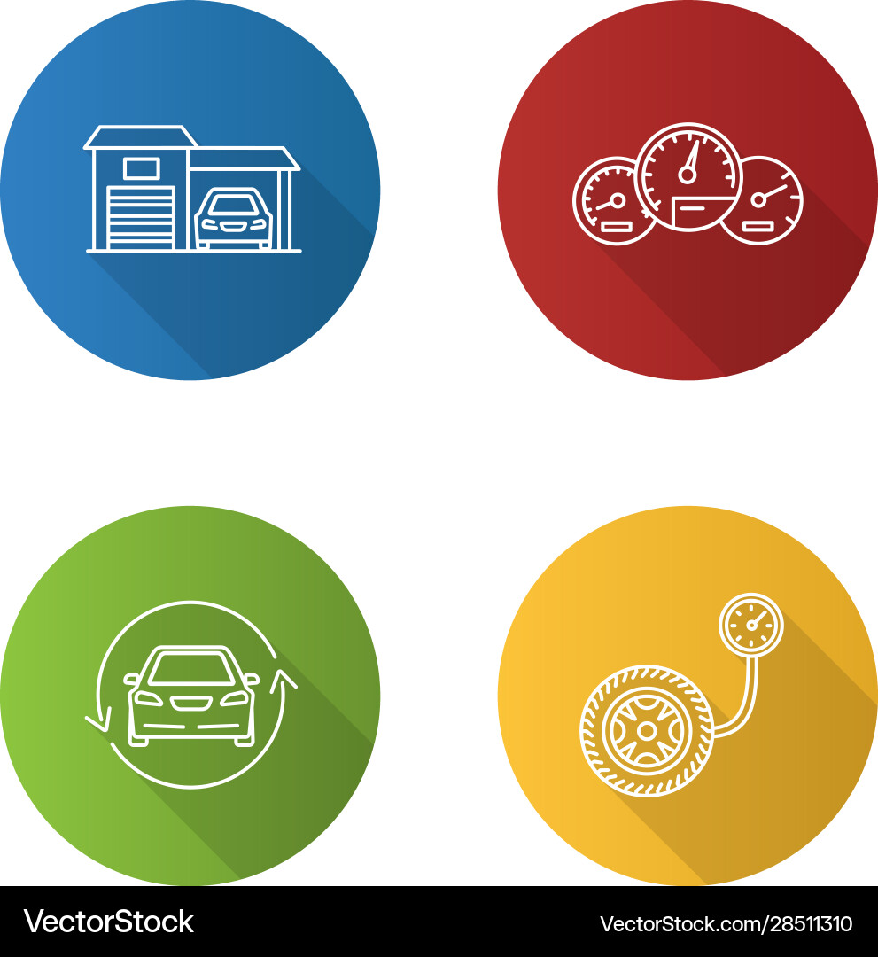 Auto workshop flat linear long shadow icons set vector image