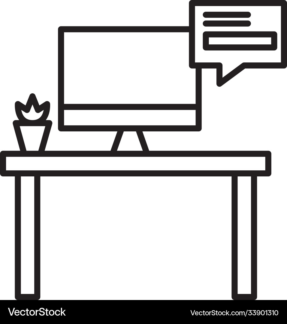 Office desk with computer and bubble line style Office desk with computer and bubble line style Vector Image