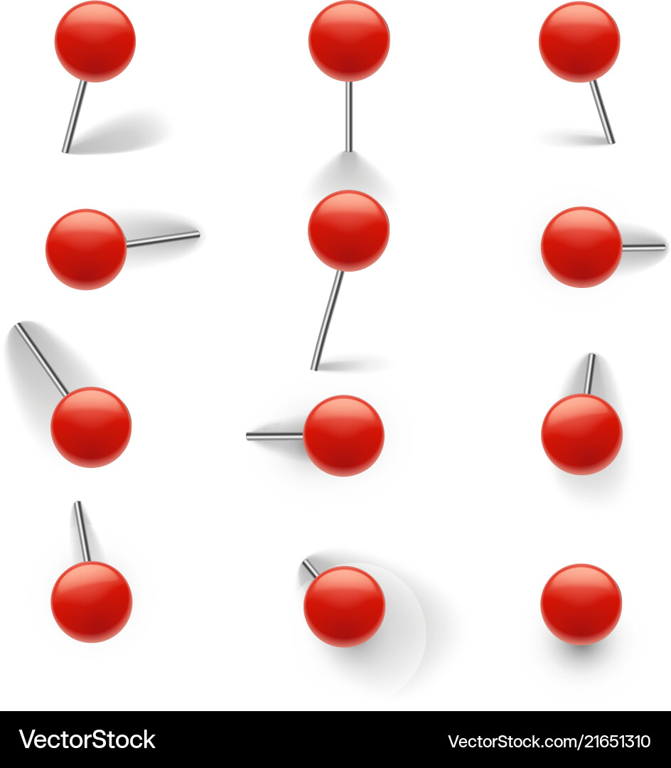 Realistic Push Pins - Red Set vector image
