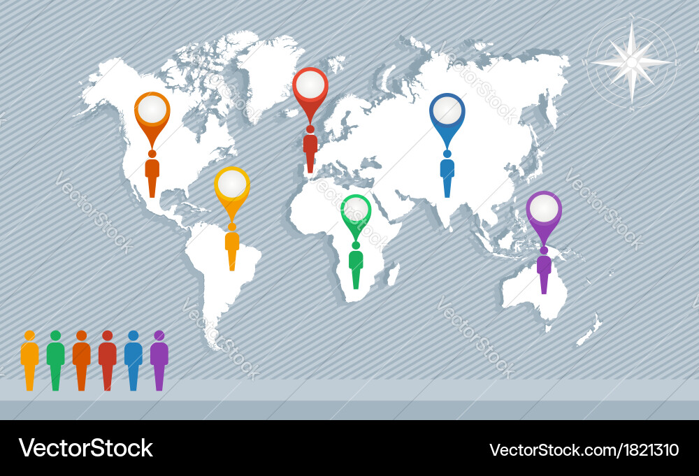 World Map with Geo Pointers & Men Figures vector image